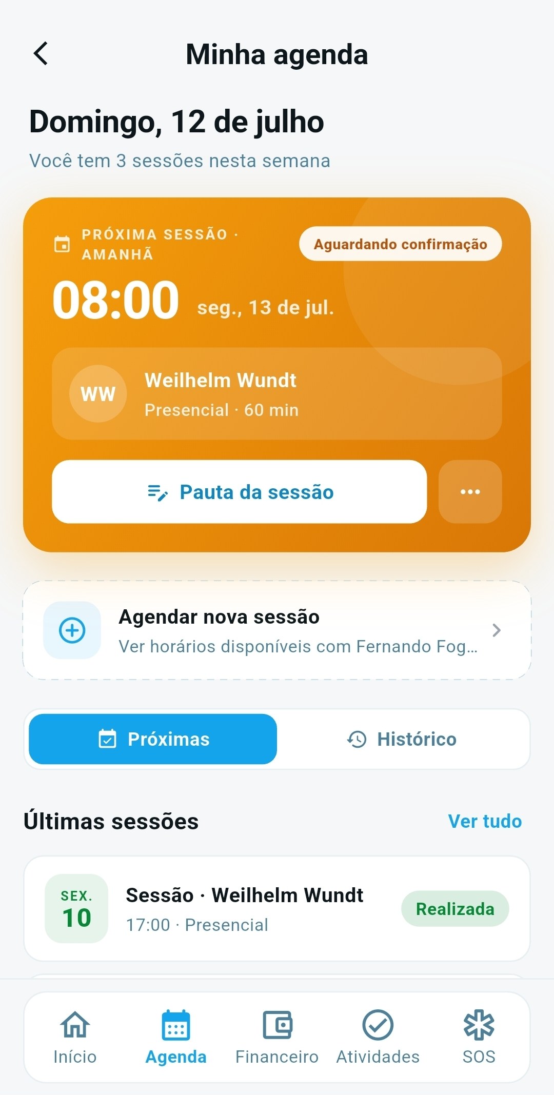 Agenda com próxima sessão e histórico de consultas