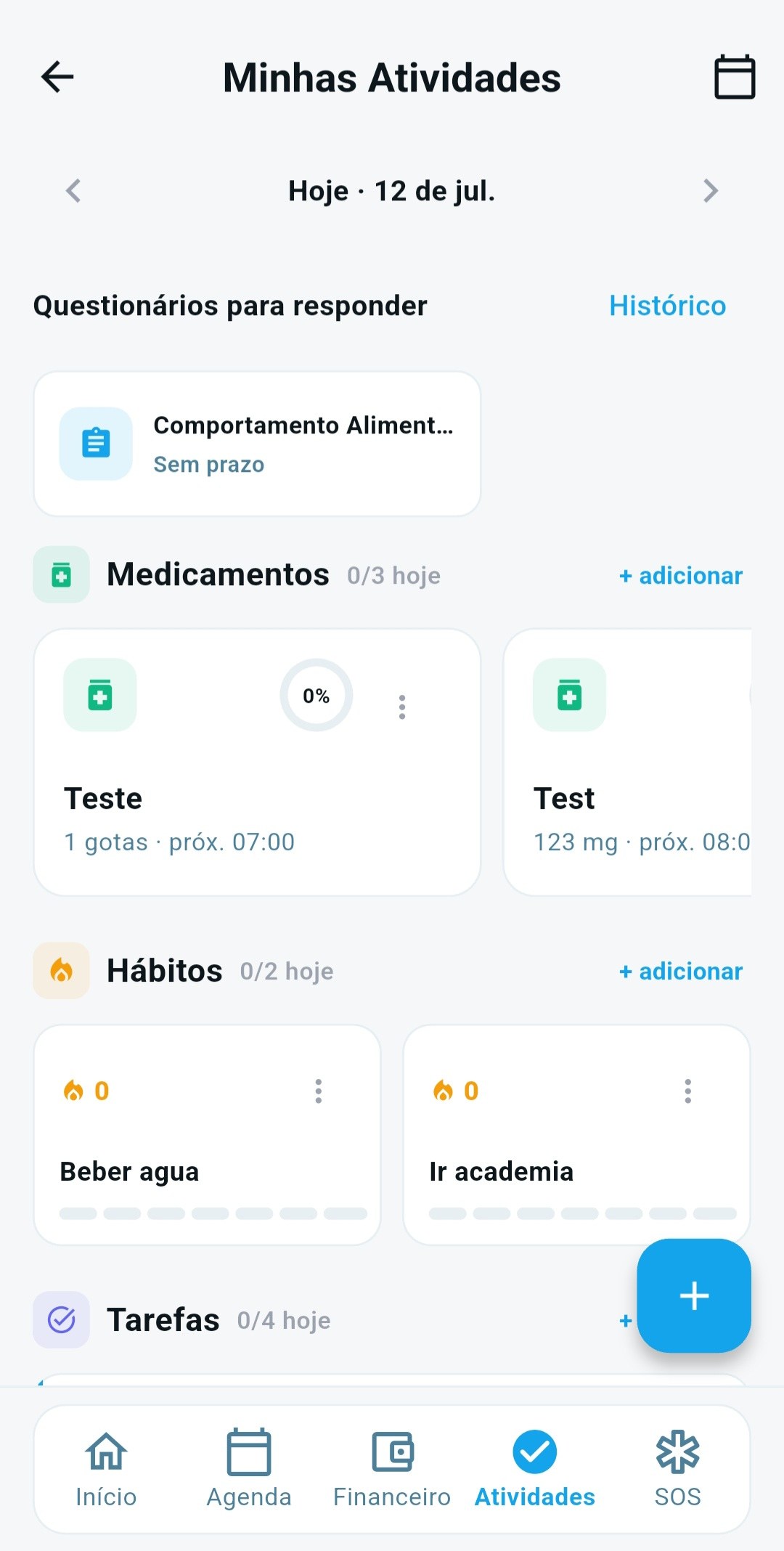 Tela de atividades do paciente: questionários, medicamentos e hábitos