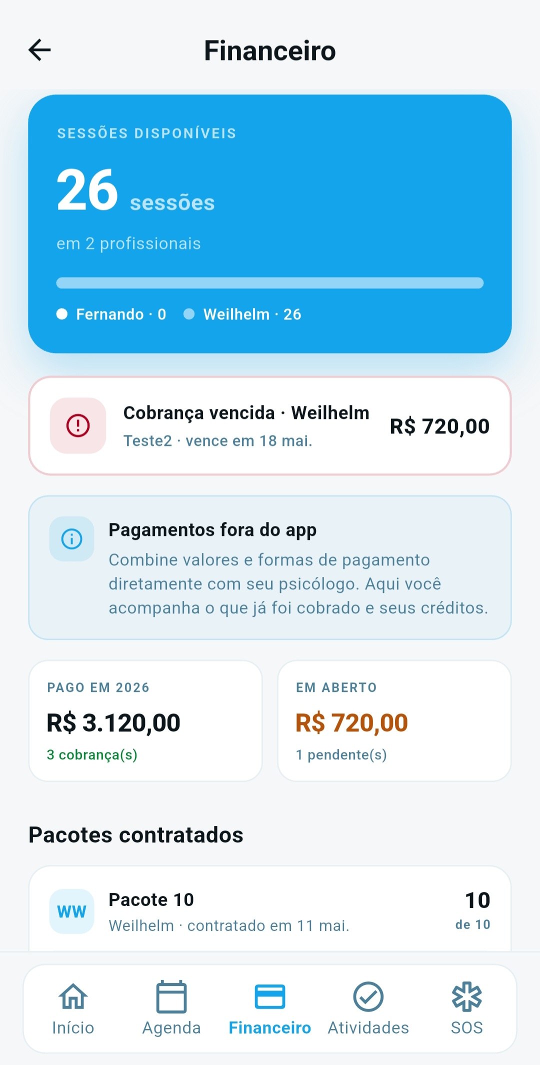 Financeiro: sessões disponíveis, cobranças e pacotes