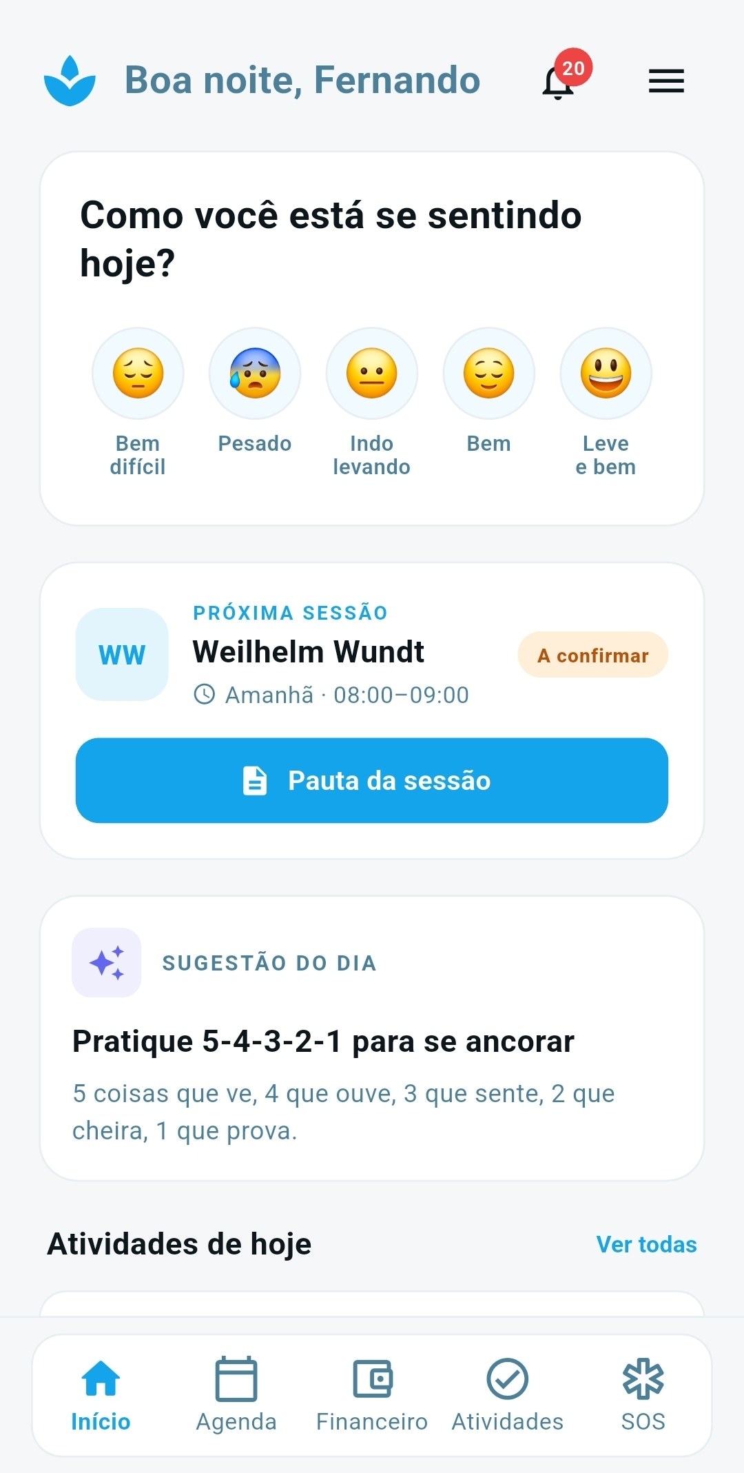 Tela inicial do app Serena Mente com registro de humor e próxima sessão
