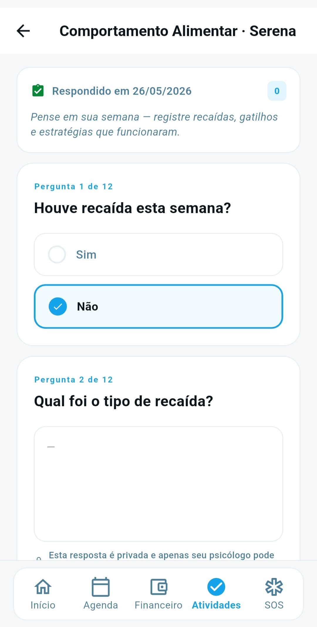 Questionário clínico respondido no app