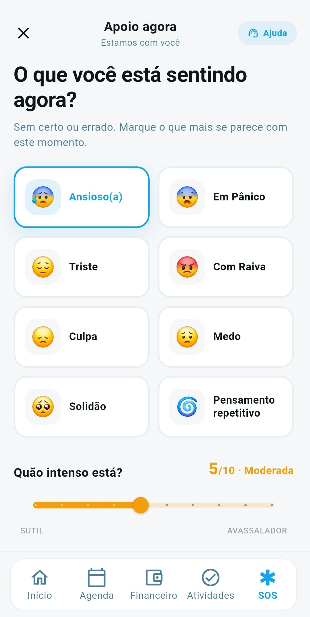 Apoio em crise: registro de emoções e intensidade