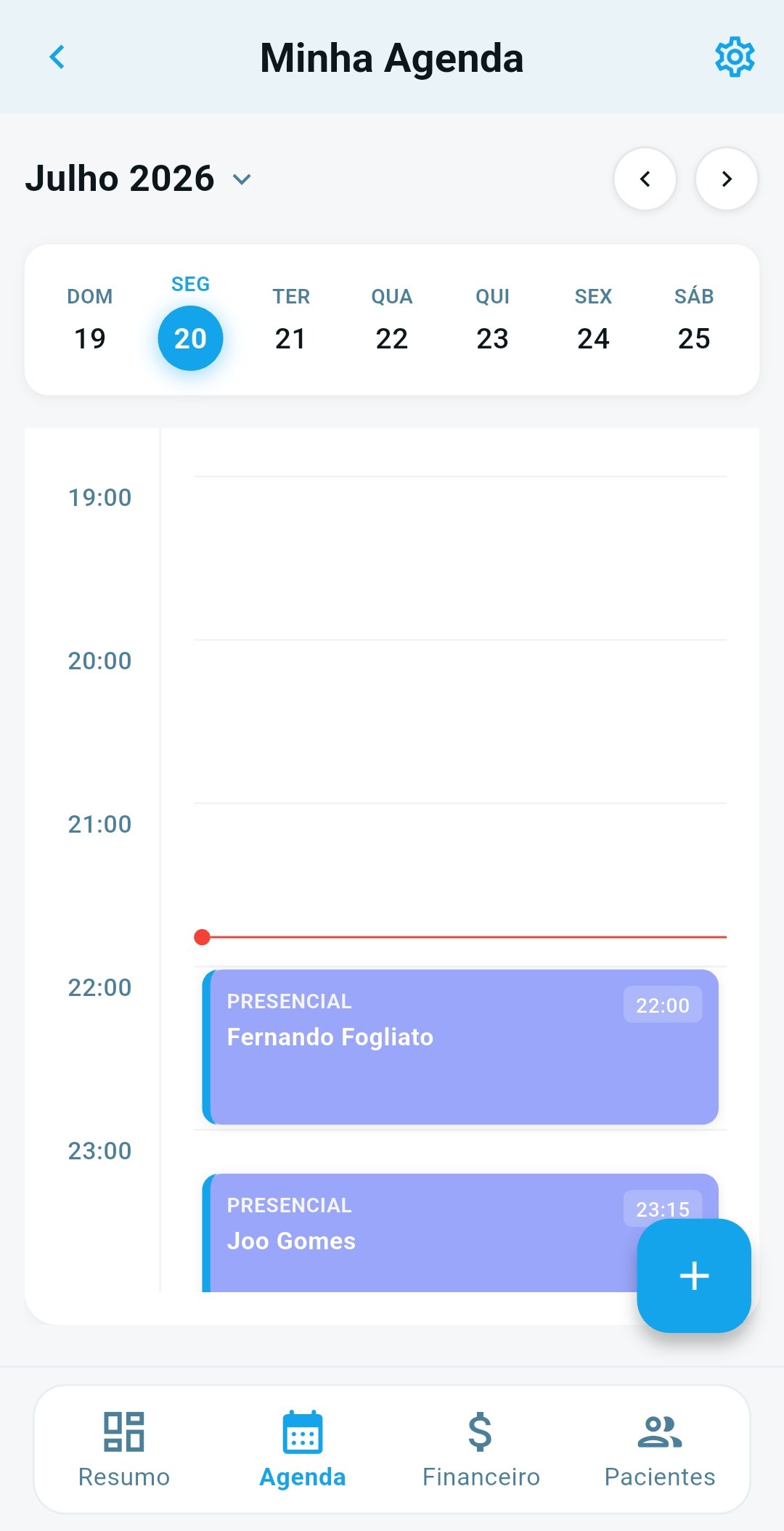 Agenda semanal do psicólogo com sessões do dia