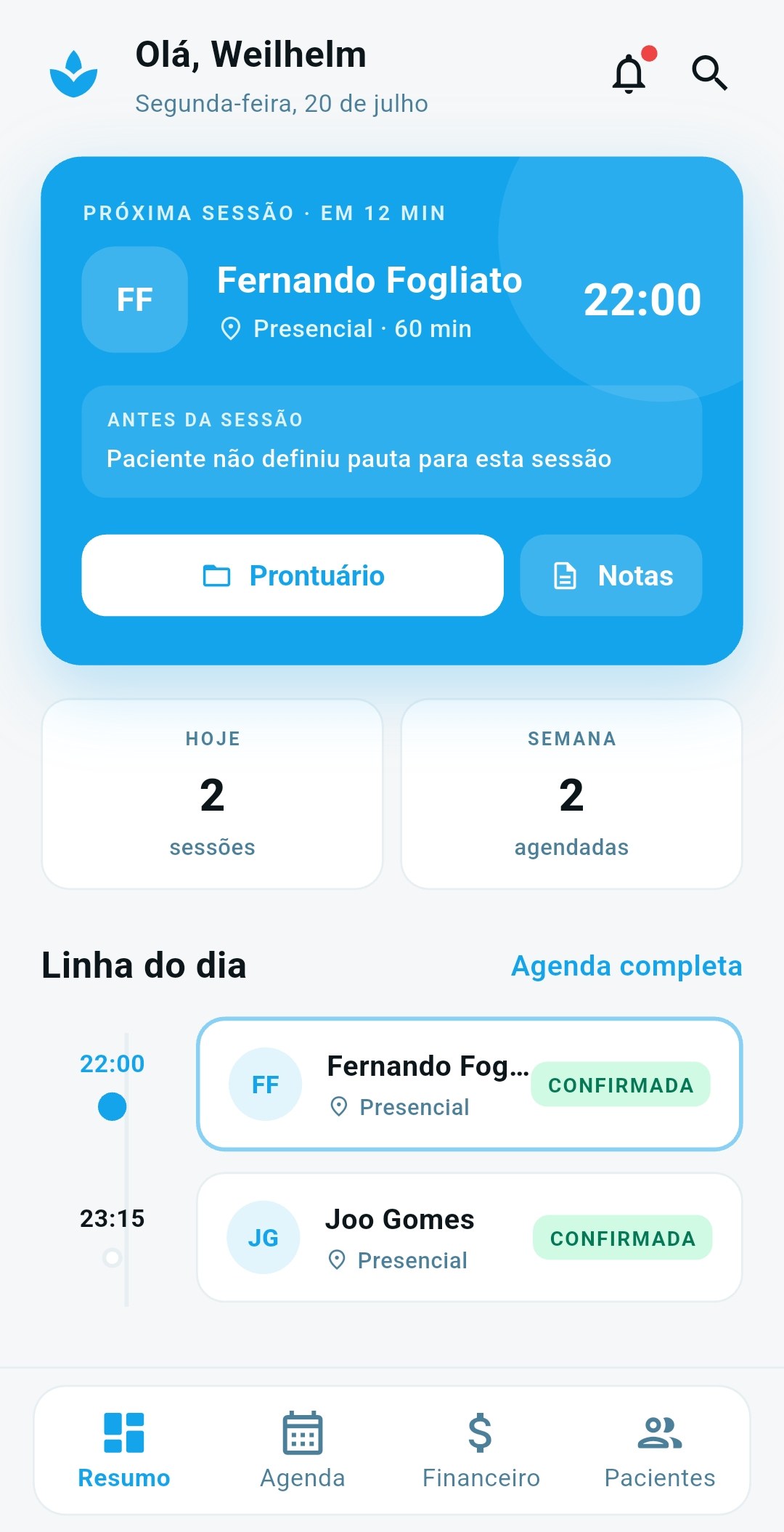 Painel do psicólogo no Serena Mente: próxima sessão, agenda do dia e acesso ao prontuário
