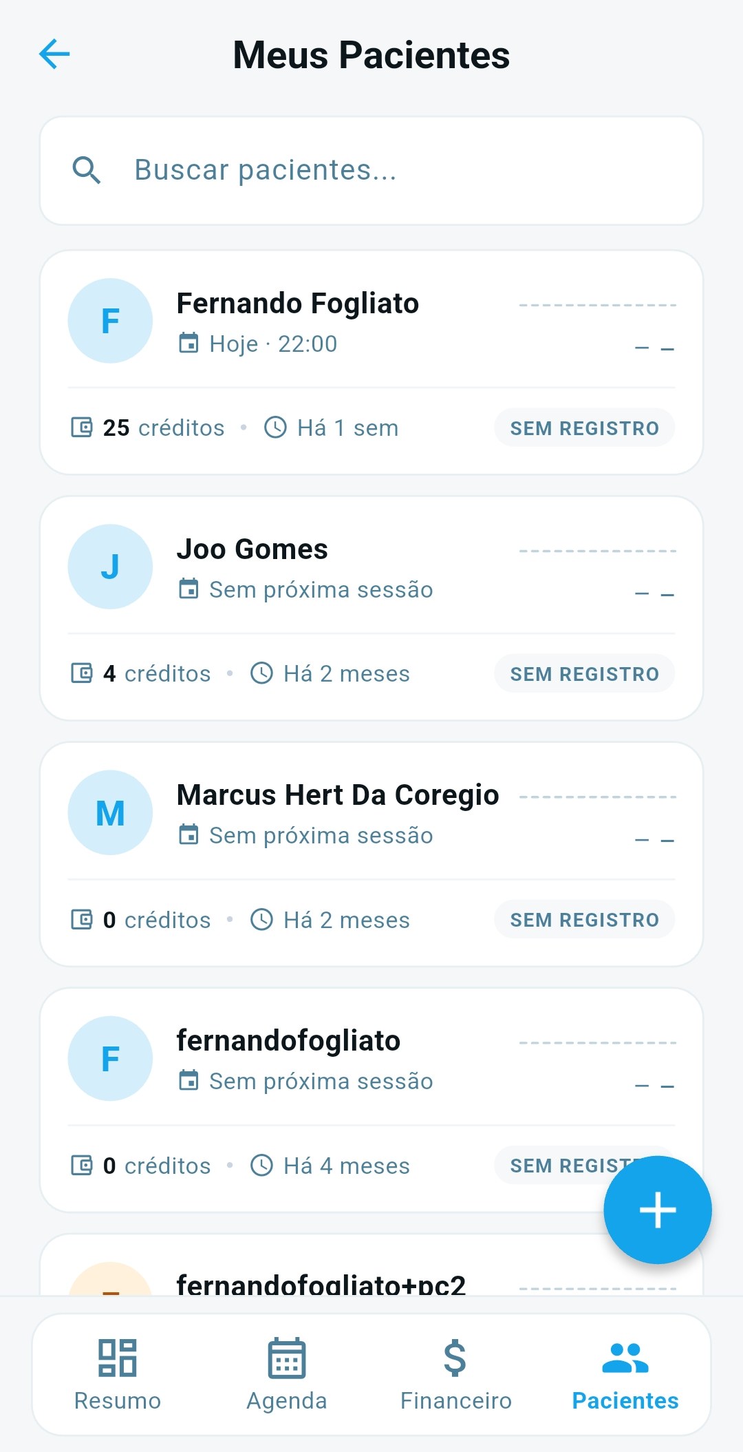 Lista de pacientes do psicólogo com créditos e próxima sessão