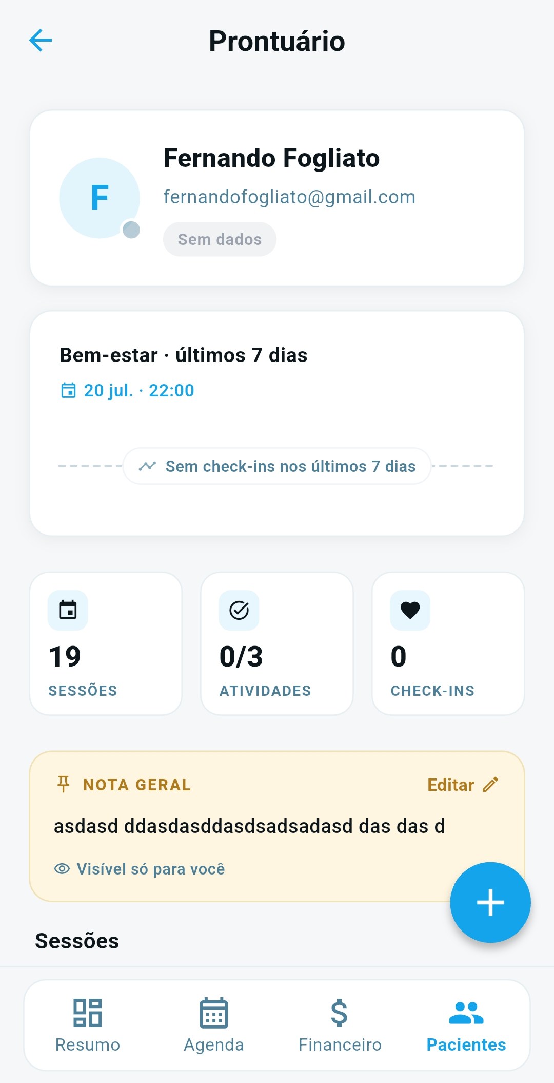 Prontuário do paciente com bem-estar, sessões e notas