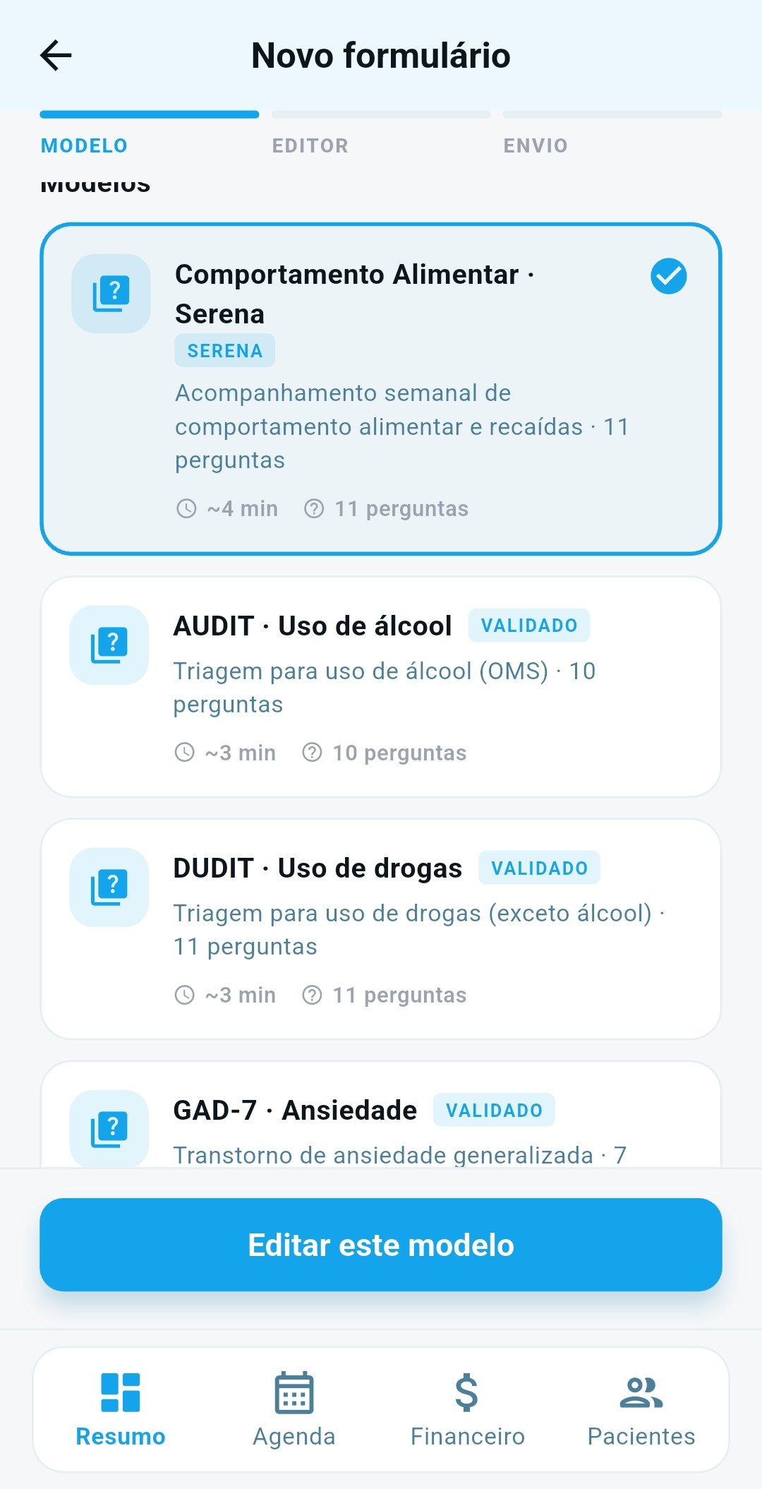 Modelos de questionários e escalas clínicas validadas